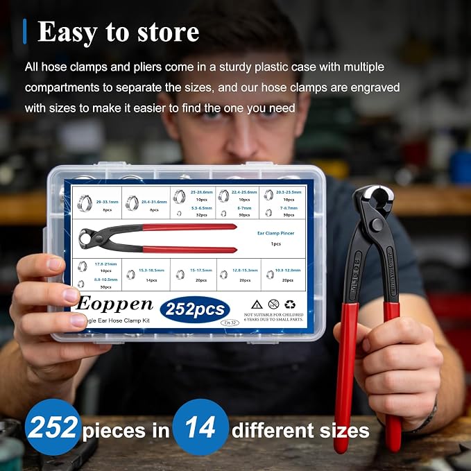 252Pcs 14 Sizes Single Ear Hose Clamp, 5.3-33.1mm 304 Stainless Steel Ear Hose Clamp Kit with Ear Clamp Pincer for Automotive, Plumbing, Fuel Line