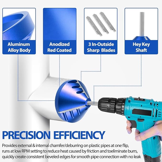 PVC Pipe Deburring Tool Plumbing Tool Pipe Chamfering Tool 3-Blade Drill Attachment for PVC CPVC ABS PP PE Pipes with 0.92in-3.89in OD 0.75in-3.5in ID Blue