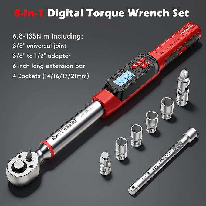 3/8" Drive Digital Angle Torque Wrench 5-99.6 Ft.lb (6.8-135 N.m), Angle Measurement 0.1° with LED Display & Buzzer, for DIY Auto Car Motorcycle Repair & Engineering