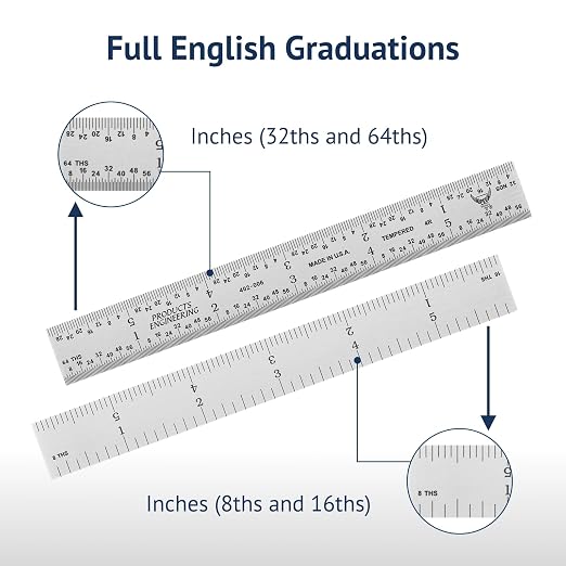 PEC Tools High Precision Metal Ruler, 6 Inch Rigid Machinist Rule, 4R Graduation (1/8", 1/16", 1/32", 1/64"), Carbon Steel with Satin Chrome Finish, Trusted by Professionals, Made in USA