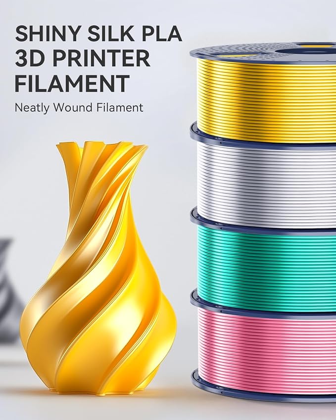 SUNLU Silk PLA Filament 4KG, Smooth Silky Surface, PLA Silk Filament 1.75mm, Dimensional Accuracy +/- 0.02mm, 1kg Spool(2.2lbs), Silk White x4, Total 4KG