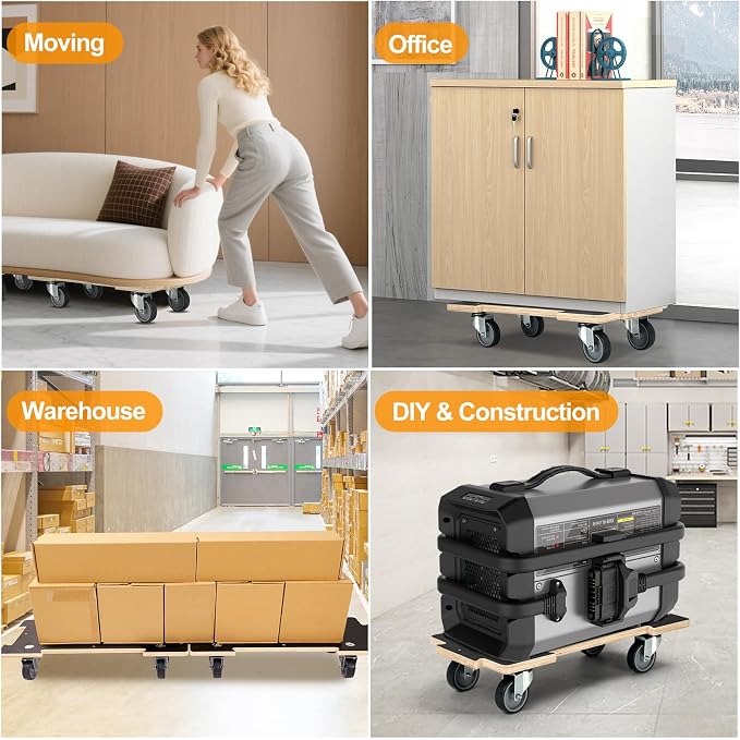 551LB Spliceable Heavy Duty Moving Dolly, No-Assembly Utility Cart | 3" Silent TPR Wheels, 11-Layer Plywood Base, 4-Wheel Hand Truck for Luggage, Furniture, Warehouse