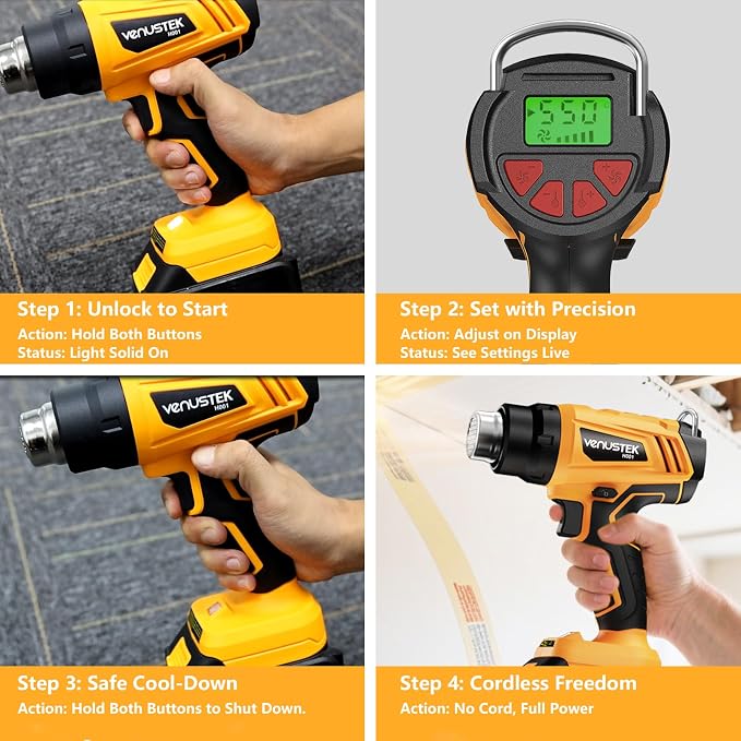 20V Cordless Heat Gun with 2 x 4.0Ah Batteries (122℉–1022℉) Fast-Heating Hot Air Gun Kit with Screen Display Variable Temperature Wind Speed, Portable Heat Gun for Shrink Tubing Vinyl Wrap