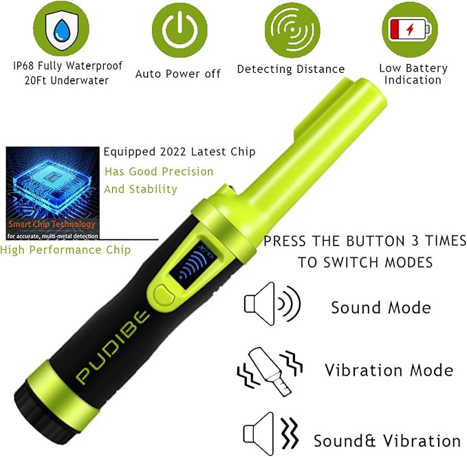 LCD Display Fully Waterproof Pinpoint Metal Detector Pinpointer - 360°Search Treasure Pinpointing Finder Probe for Adults and Kids HS10 Green with Belt Holster