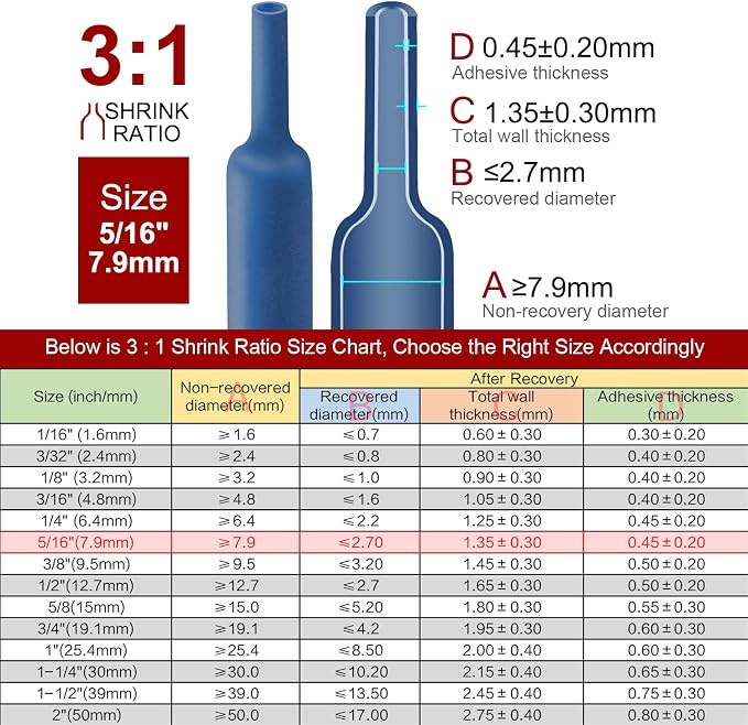Chanzon 3:1 Ratio - 80ft Roll - Heat Shrink Tubing 5/16" (7.9mm) - Marine Grade Waterproof Adhesive Lined - (25M Total Length) Blue Polyolefin Sleeving Wrap Shrinking 3 to 1 Ratio 1pcs