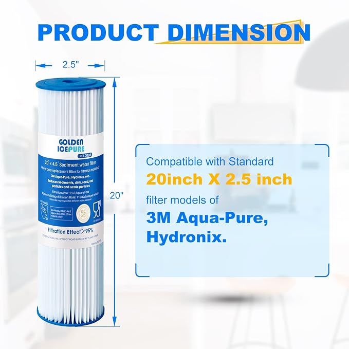 GOLDEN ICEPURE 5 Micron 20" x 4.5" Whole House Sediment Pleated Water Filter Compatible for ECP5-BB, AP810-2, HDC3001, SPC-45-1005, CP5-BB, ECP1-20BB, 2PACK