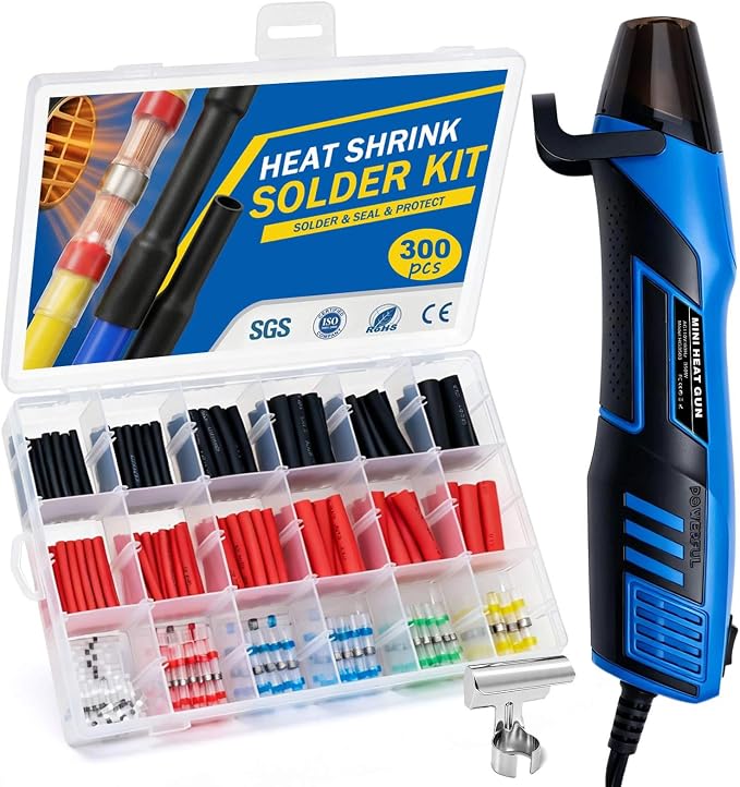 350W Mini Heat Gun Kit, 300PCS 10-26 AWG Waterproof Solder Seal Wire Connectors & 3:1 Shrink Tube Kit, Portable Hot Air Gun with 2-Temp Max 752°F (400°C) for Automotive, Marine, Wiring Repair