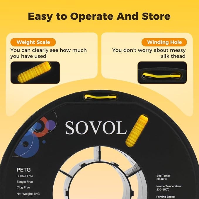 Sovol 3D Printer PETG Filament 1.75mm 1KG (2.2lbs), High Precision, Strong Toughness, Wiring Tightness, Dimensional Accuracy +/- 0.03 mm, 3D Printing PETG Filaments, Yellow