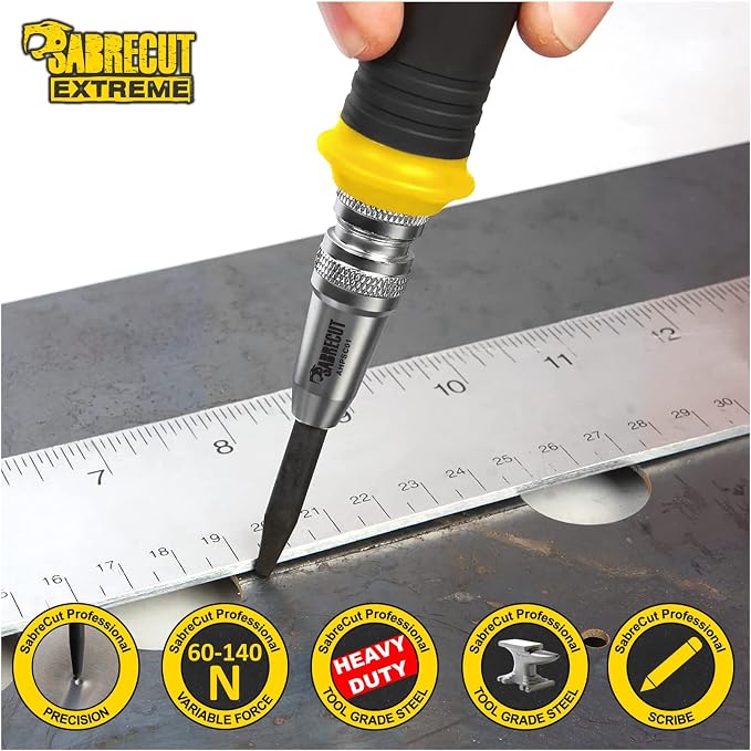 1 Piece SabreCut AHPSC01 Heavy Duty Automatic Spring Driven Centre Hole Punch with Adjustable Strike Force 60-140 Newtons Suitable for Metal Wood Plastic and many other materials