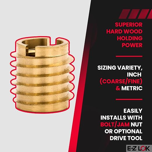 E-Z LOK Knife Threaded Insert for Hard-Wood, Brass Thread Inserts 3/8-16 Internal Threads, 0.625" Length Pack of 10