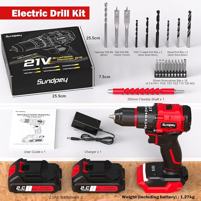 Sundpey Cordless Power Drill Set - 620in-lbs 23+3 Brushless Electric Drill w/ 2 × 2.0Ah Battery & LED Light & 3/8" Metal Chuck & Fast Charger - Electric Screwdriver for Home DIY Woodworking Men Women