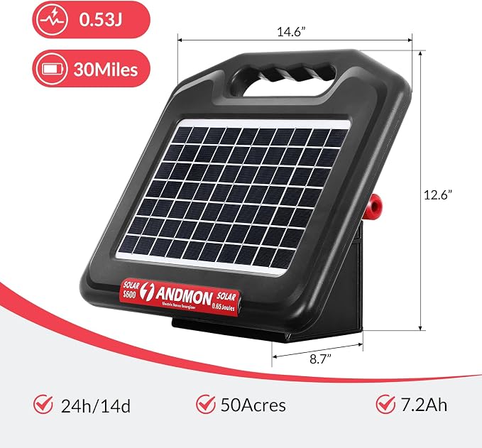 ANDMON S700 35 Miles Solar Fence Charger, 0.76 Joule Solar Electric Fence Charger for Livestock, Horses, Cattle Sheep, Solar Powered Electric Fence with Dual Input, Easy Installation