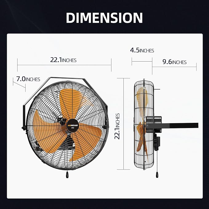 Pro Serie 18 inch Industrial Wall-Mount Fan, 5200 CFM High Velocity Metal Commercial Fan, 3 Speed, Adjustable Tilt, for Garage, Greenhouse, Covered Patio, Workshop, Gym Room, Basement