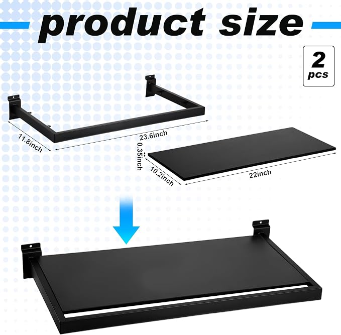 Blulu 2 Pack Slatwall Shelf, 23. 6x11. 8 Inch Wooden Wall Shelves with Metal Rectangular Tubing U Shaped Hanger Slatwall Shelving Organizer Accessories for Home Retail Display (Black)