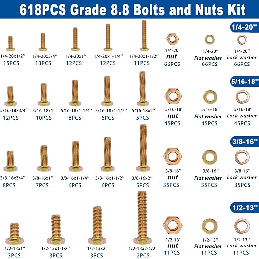 Taiss Grade 8.8 Bolts and Nuts Assortment Kit,1/4-20,5/16-18,3/8-16,1/2-13 Heavy Duty SAE Hex Bolts and Nuts & Flat/Lock Washer Kit,Carbon Steel Zinc Plated,with Handheld Box 618PCS