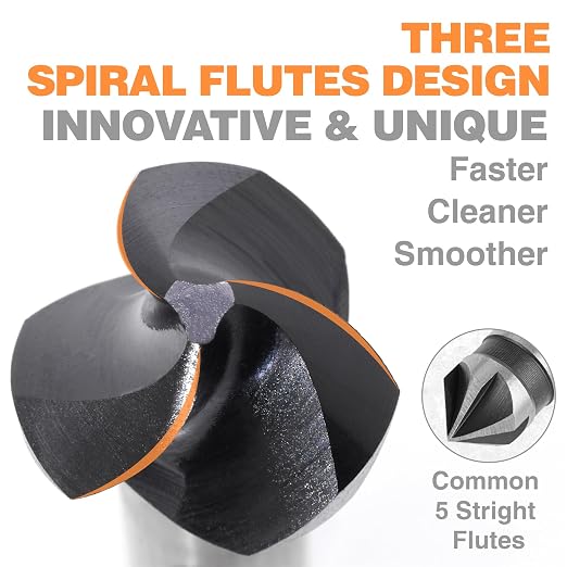 Countersink Drill Bit Set, 5 Pieces M2 High Speed Steel with 82 Degree, 3 Spiral Flutes, Tri-Flat Shank, Cutter Bit Countersink in Size 1/4" 3/8" 1/2" 5/8" 3/4" for Wood, Metal, Plastic...