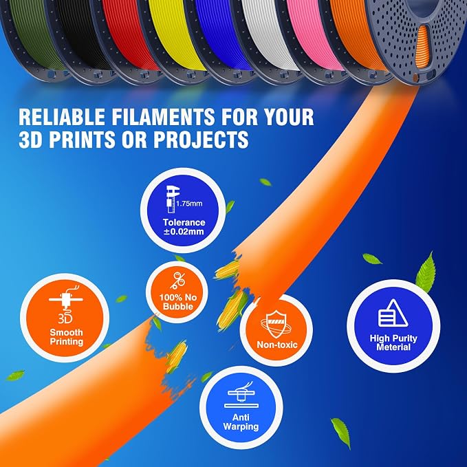 JAYO Rapid PLA 3D Printer Filament Bundle 2KG, High Speed PLA Filament 1.75mm 50mm/s - 600mm/s Print Range, 8 Pack 250g Spool Filament (Black, White, Blue, Red, Pink, Orange, Yellow, Olive Green)