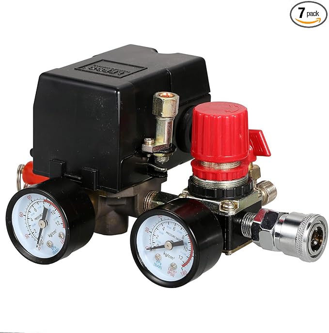 Secbolt Pressure Switch Manifold Regulator Gauges Air Compressor Pressure Switch Control Valve 90-120PSI (American Pattern)
