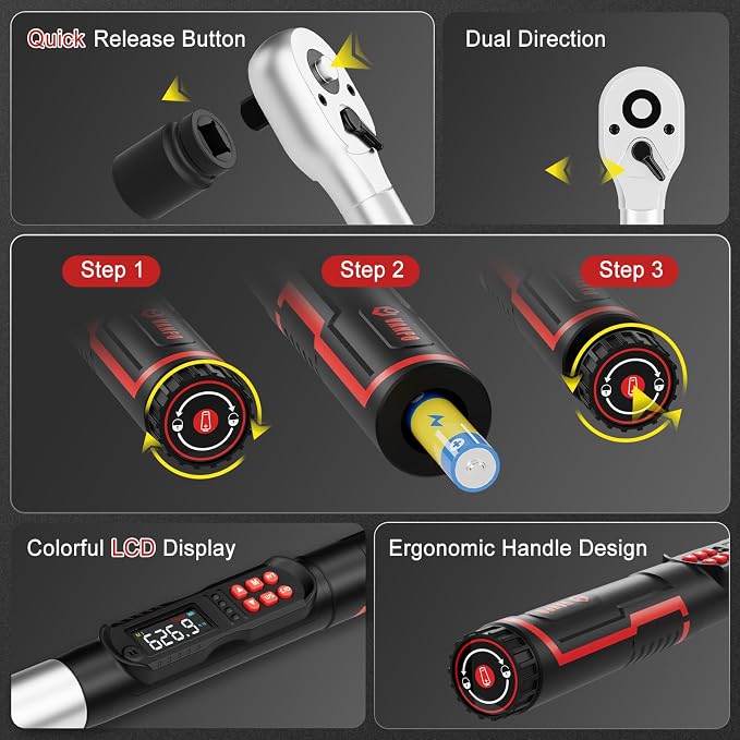 VANPO Digital Torque Wrench 3/4-Inch 31–627 ft-lb for Heavy Equipment | ±2% Accuracy, Electronic Torque Wrench with LED, Buzzer, Vibration Alert for Heavy Truck, Industrial Equipment & Agricultural