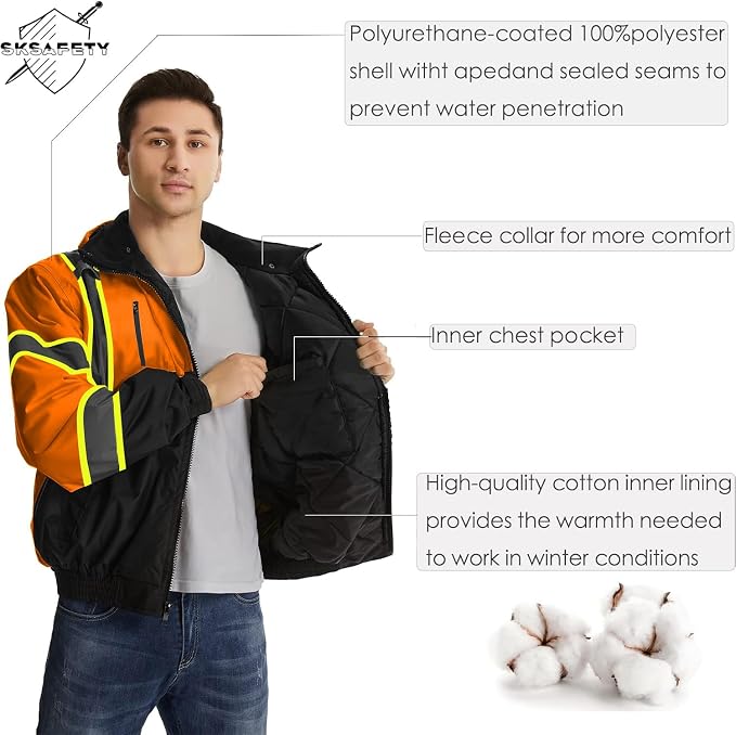 SKSAFETY High Visibility Reflective Jackets for Men, Waterproof Class 3 Safety Jacket with Pockets, Hi Vis Orange Coats with Black Bottom, Mens Work Construction Coats for Cold Weather, 5XL,Orange