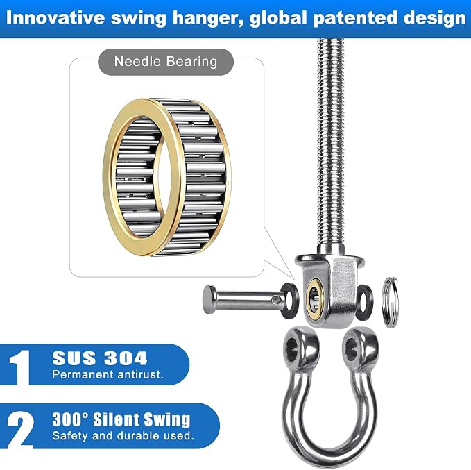 6Pcs Heavy Duty Swing Hangers with Bearings Swing Hooks for Wood & Metal Beams Stainless Steel Swing Hardware Bolts for Hanging Swings Chair Hammock Aerial Yoga Porch Swing 5" X M2/5", 1500LB Capacity