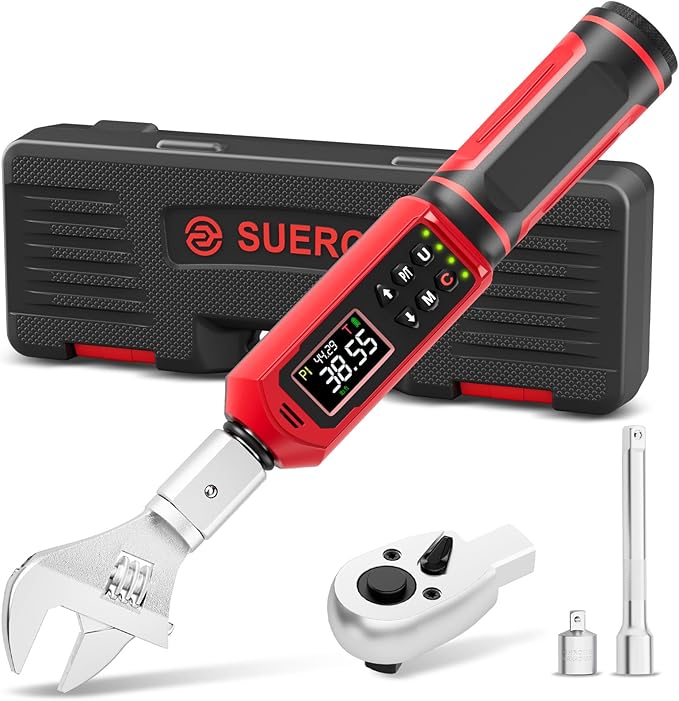 SUERCUP 9x12 mm Adjustable Digital Torque Wrench, 0.66-44.29Ft.Lb/0.9-60N.m | Interchangeable Open End Head 42mm Jaw & 3/8" Ratchet, Vibration/Buzzer/LED Alert, for Split AC, HVAC, Bike & Moto Repair