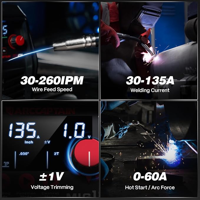 ARCCAPTAIN 135A MIG Welder [Large LED Display] 110V Welder Flux Core MIG, Lift TIG, Stick, 3 in 1 Welding Machine Gasless MIG Welder Machine 110V, IGBT Inverter Welder with Synergy, 2T/4T