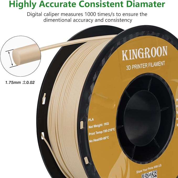 Kingroon PLA 3D Printer Filament, Dimensional Accuracy +/- 0.02 mm, 1 kg Spool(2.2lbs), 1.75 mm,Wood
