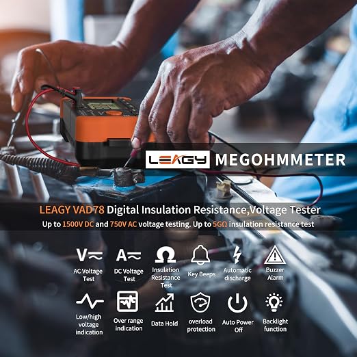 LEAGY VAD78 Digital Insulation Resistance Tester - Accurate Megohm Meter for DC/AC Voltage Testing (20-1500V, 20-750V) and Resistance Measurement (0-5000 Megohms)