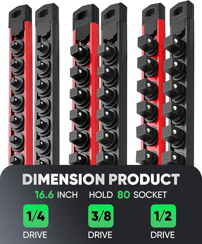 ALOANES Magnetic Socket Organizer Set, 6PC Heavy Duty Aluminum Socket Holder Organizer, 360° Swivel Clips Socket Holder Kit for Toolbox Drawer Fit 1/2, 3/8, 1/4-Inch x 80 Clips (Red&Black, 6PC)