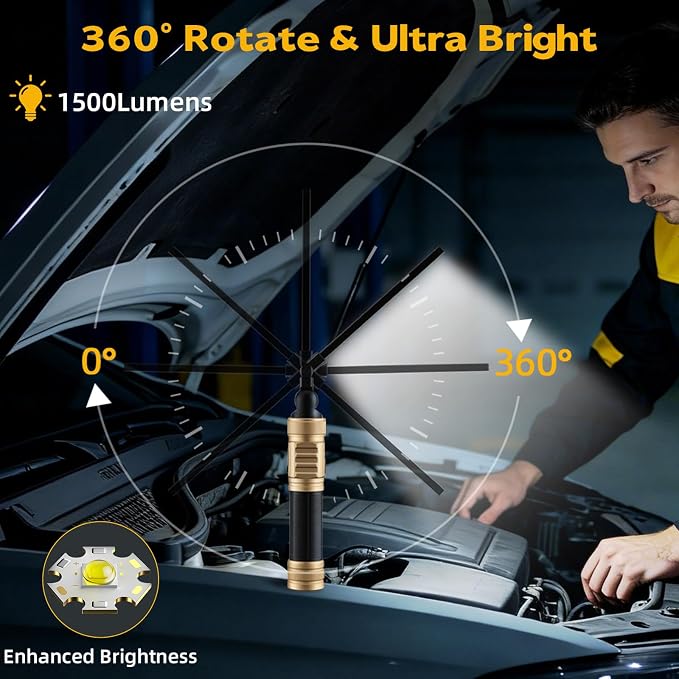 LNRYY Rechargeable Magnetic LED Work Light/Flashlight for Mechanics | All Aluminum, 1500 High Lumens, Digital Display, 360° Rotation, 7 Modes, for Car Repairing, Workshop, Gifts for Father