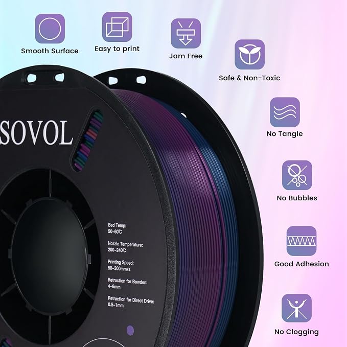 Sovol 3D Printer Silk Shiny Multicolored Fast Change Rainbow PLA 1kg (2.2 lbs) Spool 3D Printing Materials, Dimensional Accuracy +/- 0.03 mm, 1.75 mm, Purple Rainbow