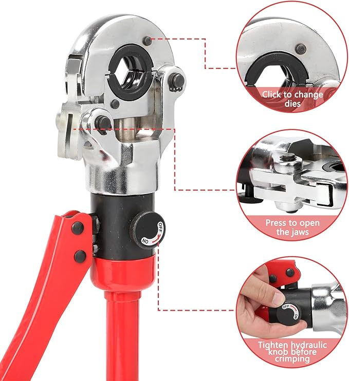 Hydraulic Copper Tube Crimping Tool with 3 Interchangeable Dies (1/2", 3/4", 1") Applicable to Stainless Steel and Copper Pipes, Ideal for Plumbing, HVAC, Refrigeration & Industrial Piping Projects