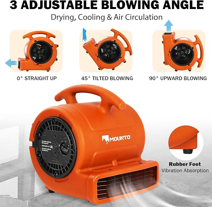 MOUNTO 1/4hp 1000CFM 2 Speed Air Mover Carpet Dryer Floor Fan Cooling Fan (Orange)