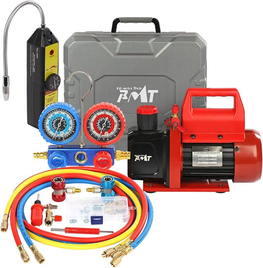 PB Motor Tech Vacuum Pump & Gauge Set - 4.5 CFM Pump with 3 Way Aluminum Manifold Gauge, with Leak Detector & PVC Storage Case - for R134A, R410A, R22, R404A Refrigerants & AC Maintenance