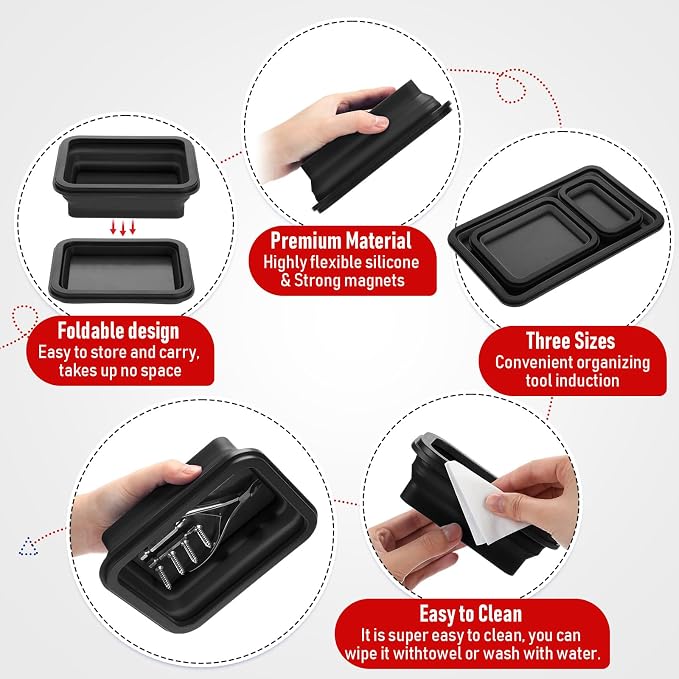 12 Pcs Collapsible Magnetic Parts Tray Set Foldable Tool Storage Organizer Magnetic Tray 3 Different Size Collapsible Bowl for Screw, Bolts, Nuts, Washers, Pins, Tool Gift for Men (Red, Black)