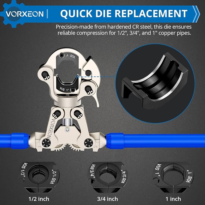 Propress Tool for Copper Pipe Mechanical Copper Tube Crimping Tool with 1/2, 3/4 and 1 inch Dies One-Squeeze Completion Crimper Telescopic handle
