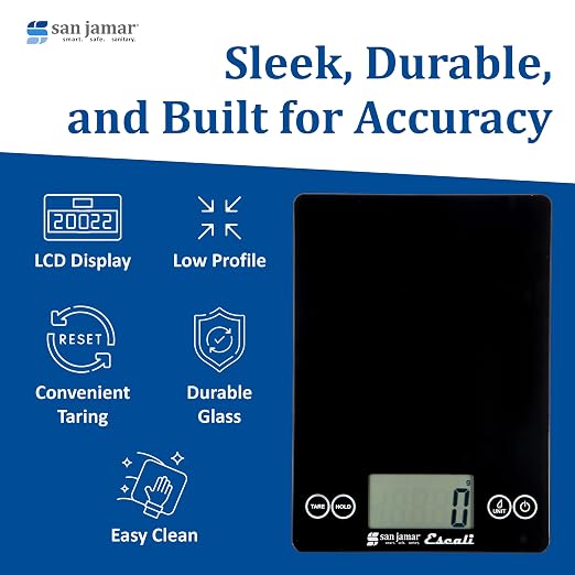 San Jamar Escali Glass Food Scale – SCDG15BK Digital Kitchen Scale for Restaurants, Catering, Meal Prep, Touchscreen Display, Battery Operated, Low Profile, 0.1oz, 15lb Capacity