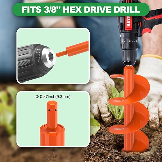 SELEWARE Auger Drill Bit for Planting 4"x12" Drill Auger for 3/8" Hex Drive | Orange Heavy-Duty Steel Garden Auger Drill Bit, Bulb Planter Tool, Auger Post Hole Digger for Bulbs, Flowers, Fence Posts