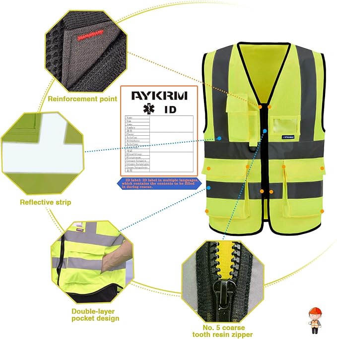 A-SAFETY 6XL7xl 8XL,high vis reflective Safety Vest,Yellow | Yellow 6XL-8XL Class 2 safety vest with clear ID pocket, radio mic loop and reflective strips for warehouse operations.