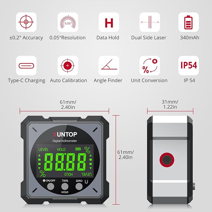 XUNTOP USB Charging Digital Level Box Angle Finder with Laser (Class 2, <1mW Output), 4-Side Strong Magnetic Angle Gauge IP54 Waterproof Inclinometer Level, Saving Effort Hanging Decorations-Gray