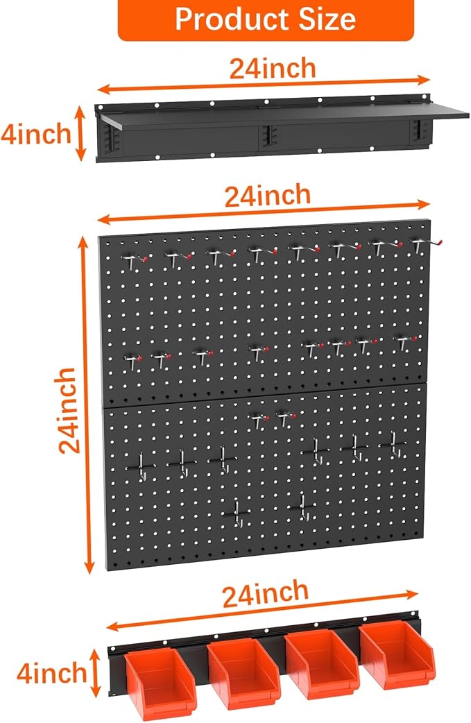 TORACK Garage Metal Pegboard with Accessories, Tools Organizer Peg Board with Pegboard Hooks, Wall Mounted Bins, Tool Storage Pegboards for Wall(Black)