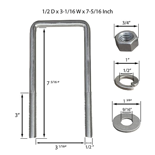 A.A Square U Bolt and Hardware for Boat Trailer, Galvanized Steel, 1/2" Diameter x 3-1/16" x 7-5/16" for 3x3 Beam (8 Pack)