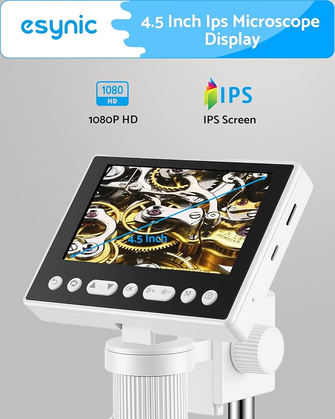 eSynic 1080P HD Digital Coin Microscope-4.5" LCD Screen with Adjustable 1000X Magnification-USB-C Rechargeable Coin Magnifier Microscope Camera with 32GB Card & 10 LED Lights-Windows/Mac Compatible