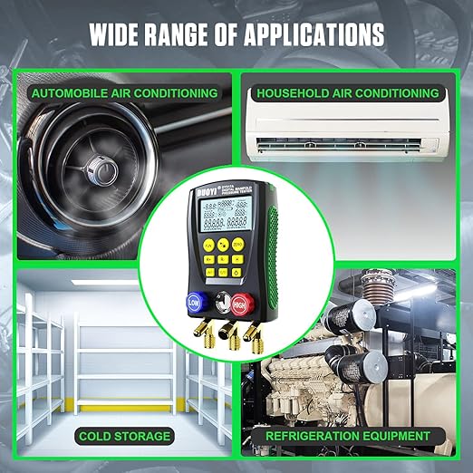 Digital Manifold Gauge Set Air Conditioning/Refrigerator Digital HVAC Gauges Double Pressure&Temp Test Air Conditioning Tools & Equipment Manifold HVAC with Tricolor Hose, 2 Pairs of Test Clamps