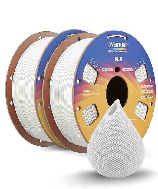 OVERTURE PLA Filament 1.75mm PLA 3D Printer Filament, 2kg Cardboard Spool (4.4lbs), Dimensional Accuracy +/- 0.02mm, Fit Most FDM Printer (White 2-Pack)
