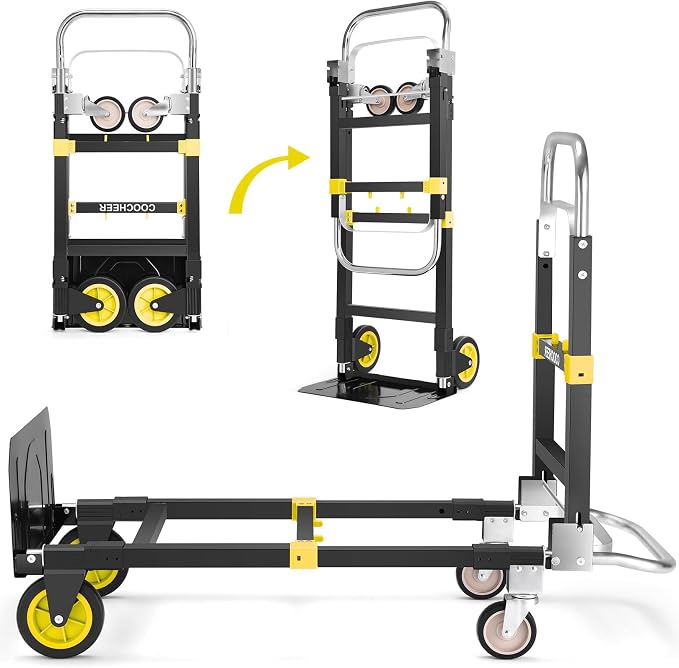 3-in-1 Convertible Heavy Duty Folding Hand Truck Dolly, 600LB Capacity with Rubber& Wheels Telescoping Handles, Portable Collapsible Cart for Warehouse, Supermarket, Office (Yellow)