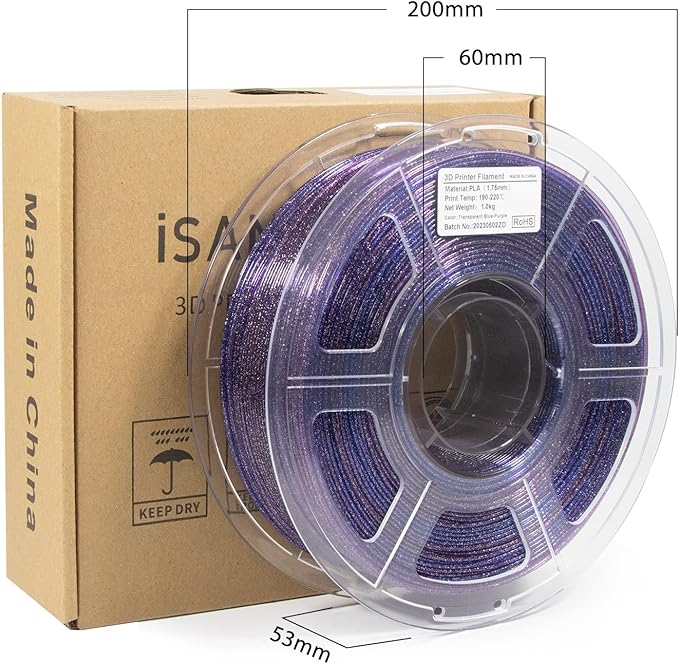 iSANMATE 3D Printer Filament Clear PLA, Multicolor Transparent Transition Glitter Filament, Gradient Purple Blue Multicolor PLA Filament, 3D Printing Filament 1KG/2.2lb, Blue Violet Galactic