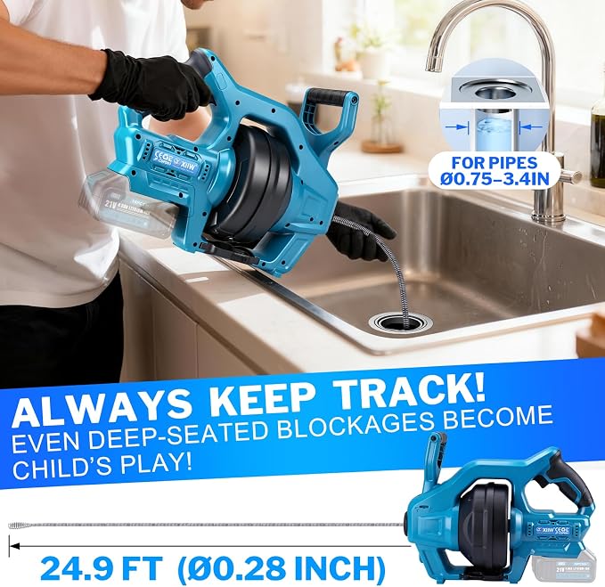Cordless Drain Auger Compatible with Makita 18V Battery, 25Ft Snake Drain Hair Removal Tool for 0.75"-3.5" Pipe, 650RPM Drain Clog Cleaner Tool for Sewer, Bathroom, Sink (Battery Not Included)