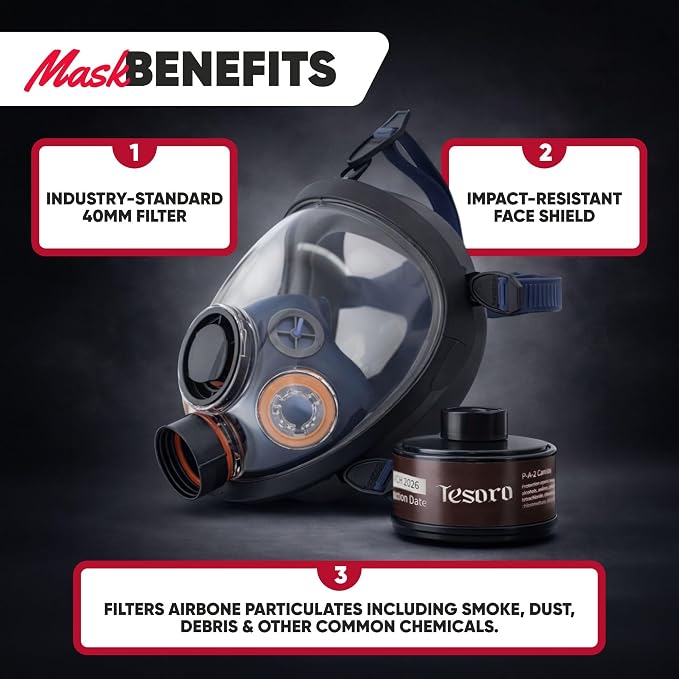 Full Face Respirator - Heavy-Duty Anti-Fog Air Filtration Mask Compatible with Industry Standard 40mm Gas Filter Canister for Vapor & Particulates - CE Tested